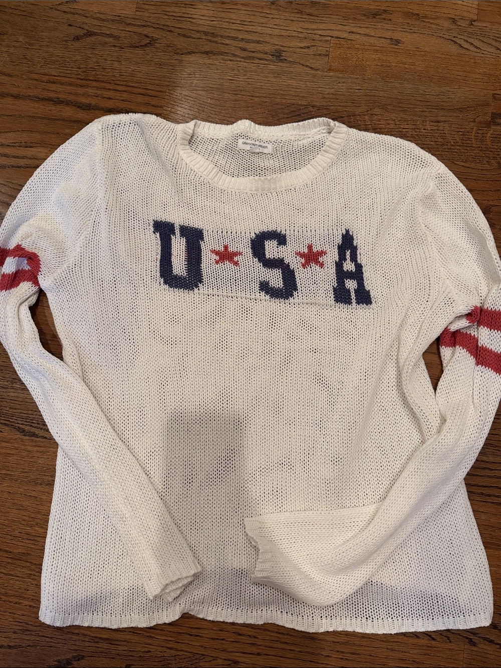 Grayson threads White Knit USA lightweightSweater with Red & Navy Accents sz XL
